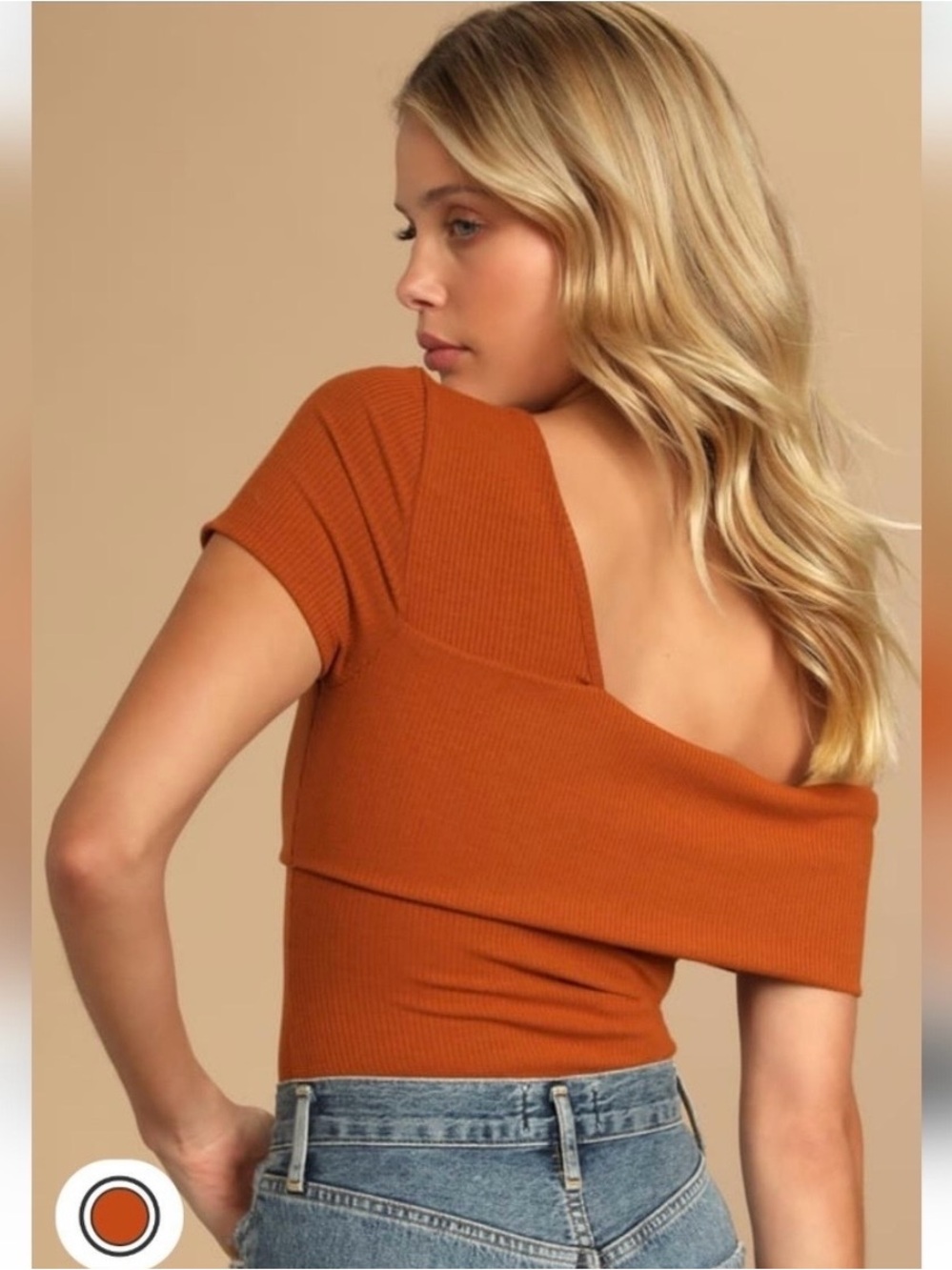 Lulu's One-Shoulder Ribbed Crop Top in Rust Orange - Picture 2 of 5